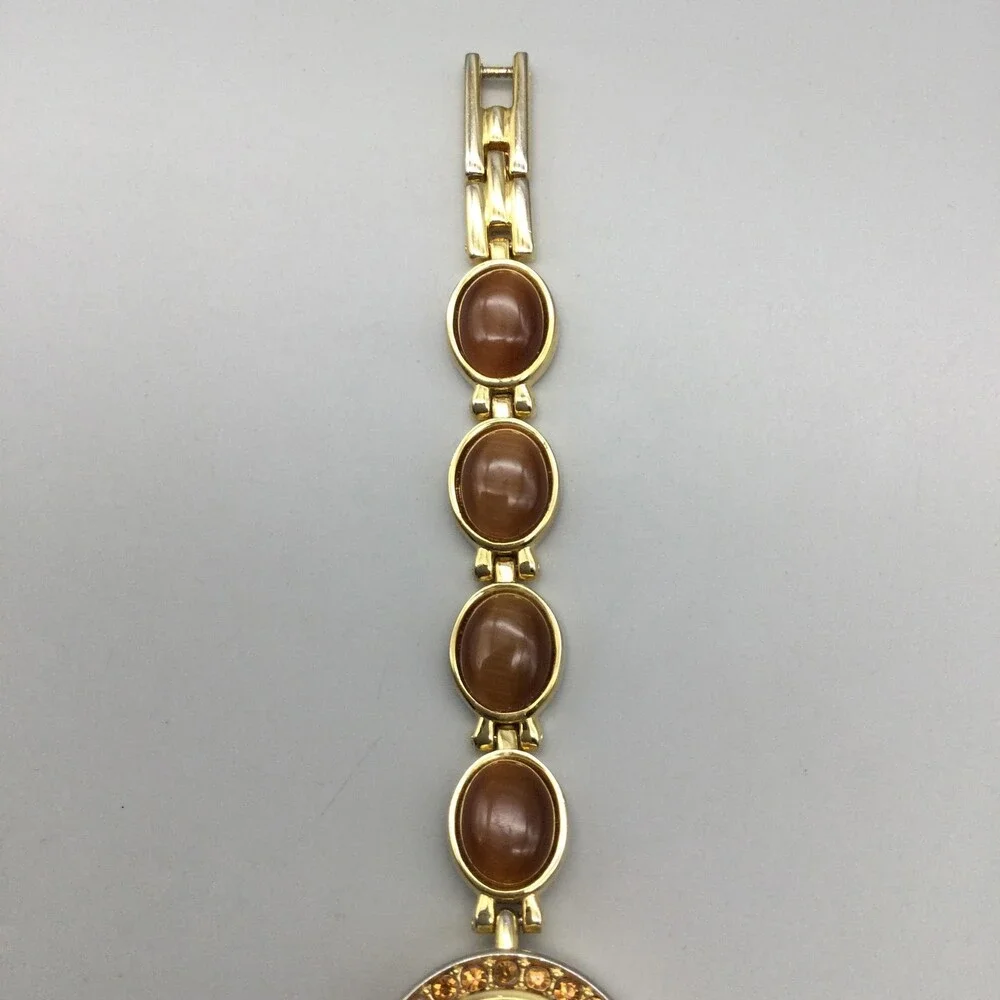 Brown Gemstone Womens Watch 22mm MOP Dial Gold Tone Bracelet New Battery 7.25